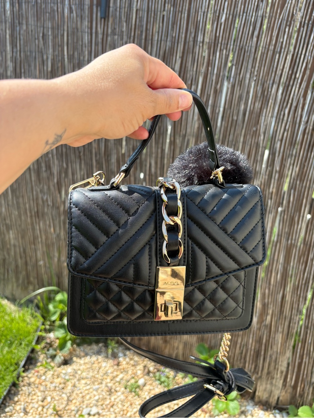 Aldo Black Quilted Top-Handle Mini Bag with Pom Pom Charm